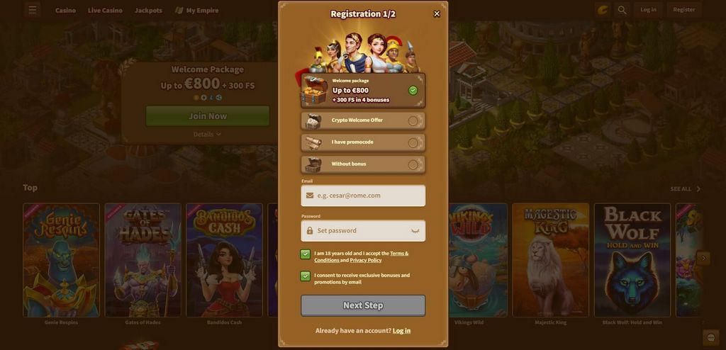 Vantaggio MyEmpire Gambling Enterprise - 100% fino a 800 euro + 300 Giri Gratis